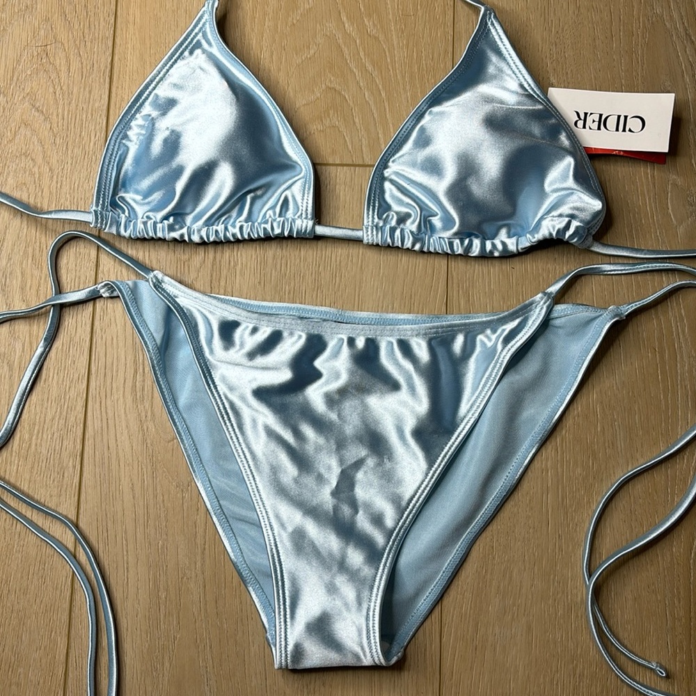 Light blue silver silky metallic triangle string tie bikini cheeky bottoms swim
